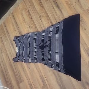 OLIVE & OAK Blue White Striped Sleeve Drawstring Waist Dress